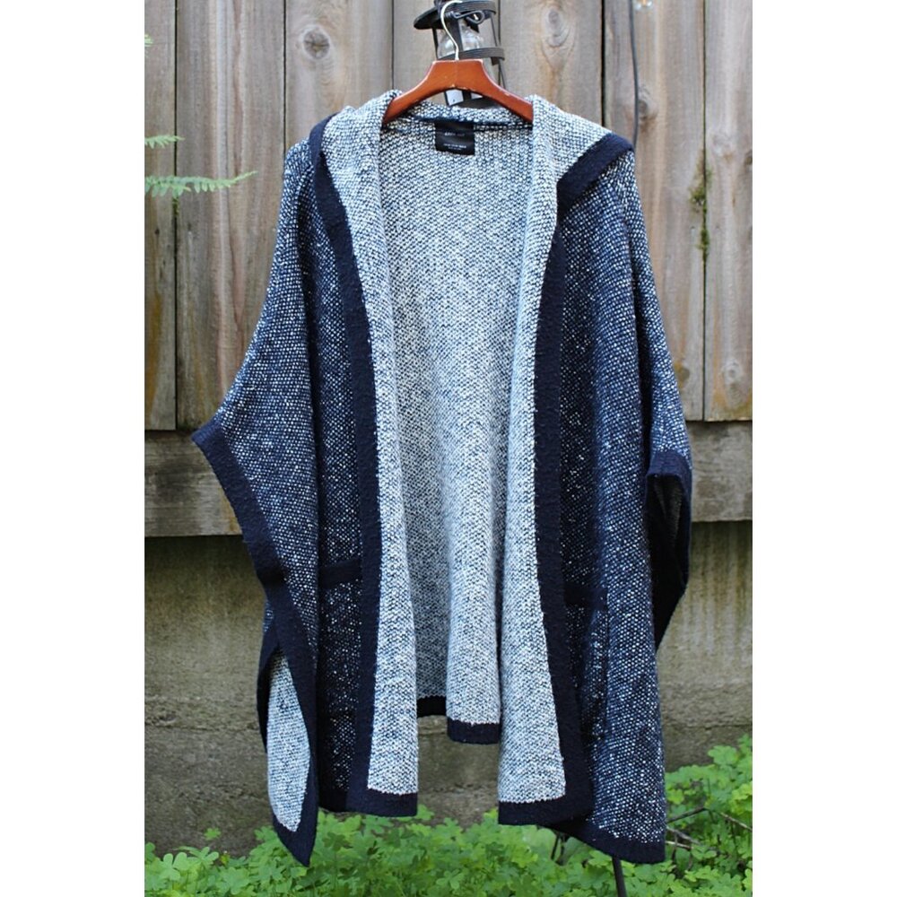 Zara Knit - Women's Stretch Wool Tweed Hooded Poncho in Navy,, Med Oversized - Picture 3 of 10